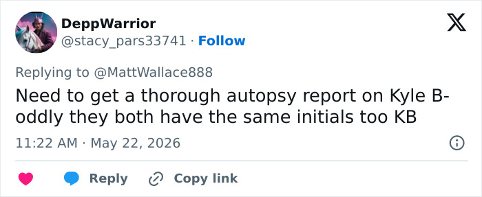 Tweet about autopsy report and same initials KB in conspiracy theory Tweet about autopsy report and same initials KB in conspiracy theory