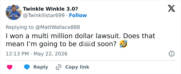 Tweet referencing multi million dollar lawsuit and d***h Tweet referencing multi million dollar lawsuit and d***h