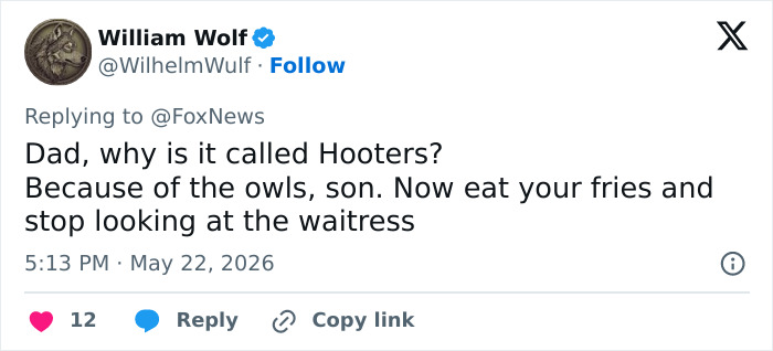 Tweet joking about origin of Hooters name and waitress at Hooters Tweet joking about origin of Hooters name and waitress at Hooters