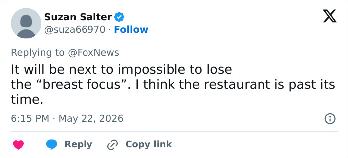 Tweet expressing opinion on Hooters losing breast focus with rebrand Tweet expressing opinion on Hooters losing breast focus with rebrand