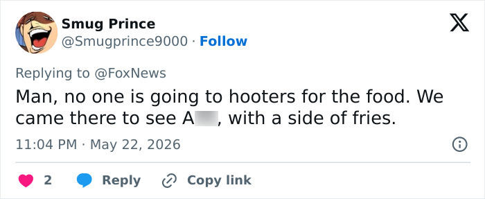 Tweet stating people go to Hooters for staff appearance rather than food Tweet stating people go to Hooters for staff appearance rather than food