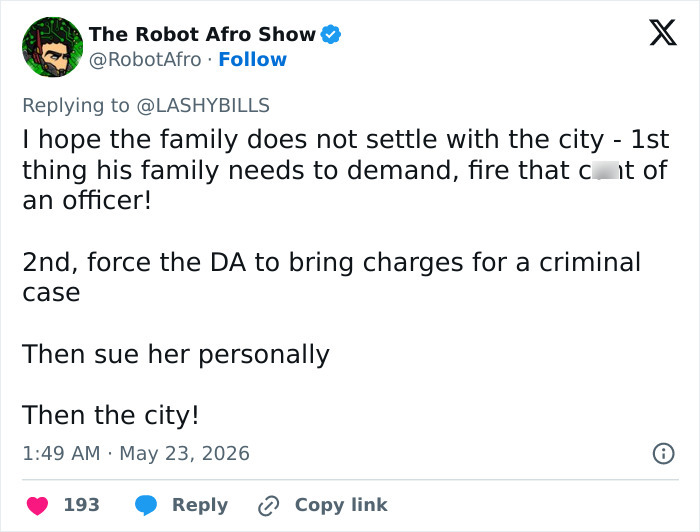 Tweet urging family to fire female cop involved in brutal beating Tweet urging family to fire female cop involved in brutal beating