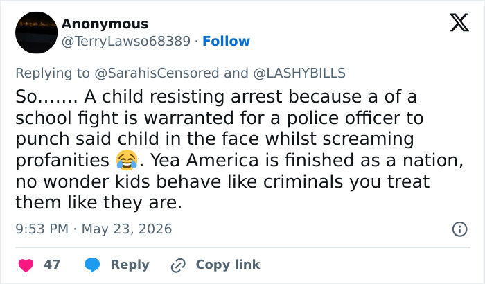 Tweet criticizing police violence on high school boy resisting arrest Tweet criticizing police violence on high school boy resisting arrest