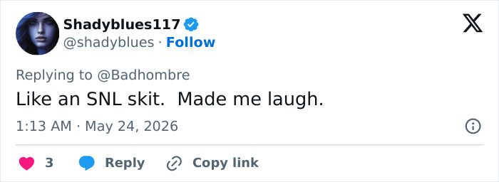 Comment likening incident to an SNL skit causing laughter