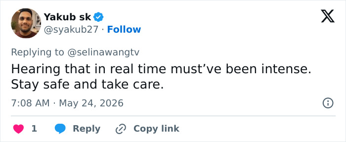 Tweet expressing concern and safety wishes after live violent incident