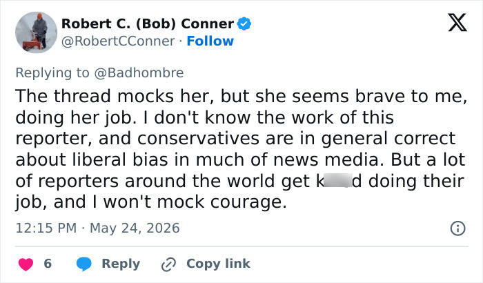 User acknowledges reporter's bravery despite criticism of live reaction to violent incident