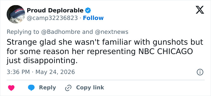 Tweet expressing disappointment in reporter representing NBC Chicago