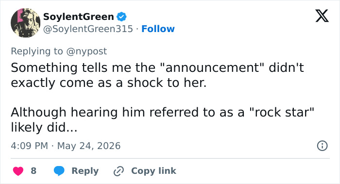 Tweet suggesting wife's prior awareness of rockstar's announcement Tweet suggesting wife's prior awareness of rockstar's announcement