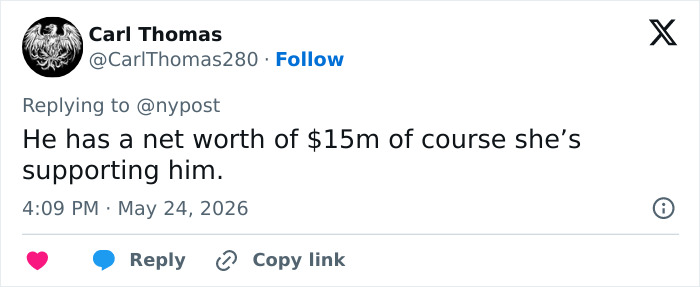 Tweet discussing rockstar's $15m net worth and wife's support Tweet discussing rockstar's $15m net worth and wife's support
