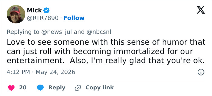 Tweet praising reporter's humor and response after viral incident