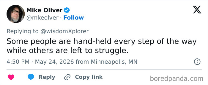 Tweet about people being hand-held or left to struggle in adult problems