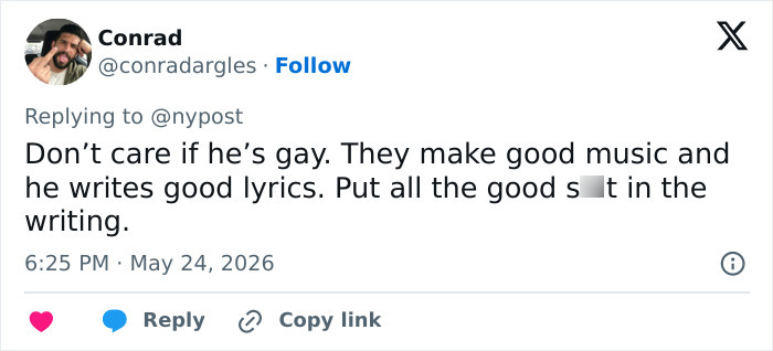 Tweet supporting rockstar's music despite his coming out as gay Tweet supporting rockstar's music despite his coming out as gay