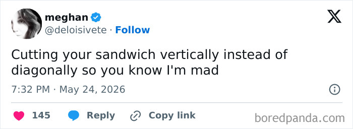 Relatable parenting tweet about cutting sandwich vertically to show being mad