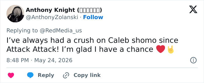 Tweet expressing fan admiration for rockstar Caleb since band Attack Attack Tweet expressing fan admiration for rockstar Caleb since band Attack Attack