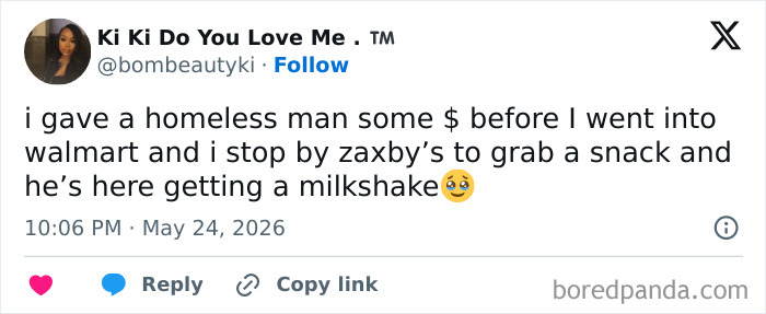 Homeless man buying a milkshake after receiving money from a kind stranger
