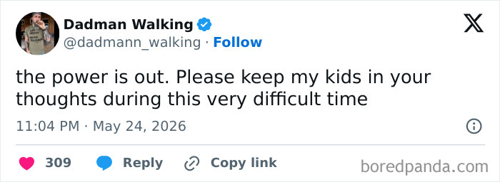 Parenting confession asking to keep kids in thoughts during power outage