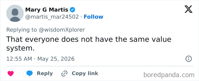 Tweet about different value systems in adult problems and surprises