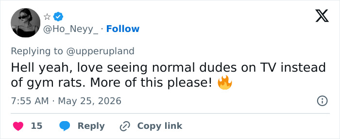 Tweet appreciating normal male bodies on TV over gym-focused ones Tweet appreciating normal male bodies on TV over gym-focused ones