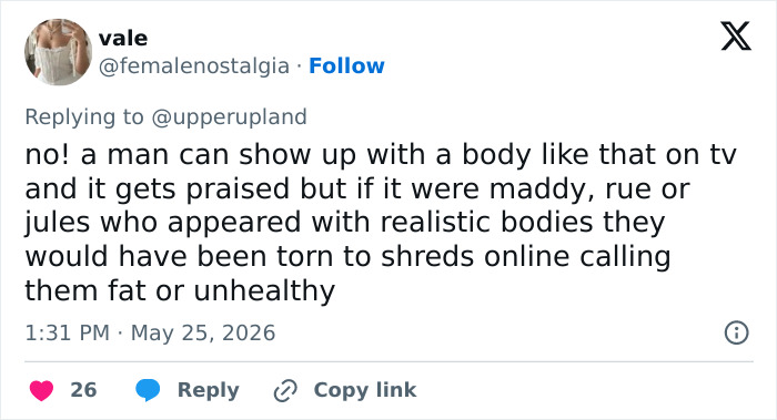 Tweet about double standards for realistic bodies on TV and social media reactions Tweet about double standards for realistic bodies on TV and social media reactions
