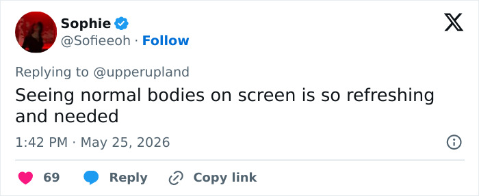 Tweet appreciates seeing normal bodies on screen as refreshing and needed Tweet appreciates seeing normal bodies on screen as refreshing and needed
