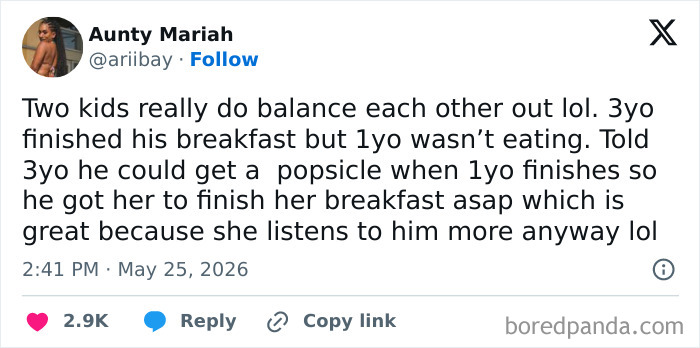 Relatable parenting tweet on kids balancing each other at breakfast