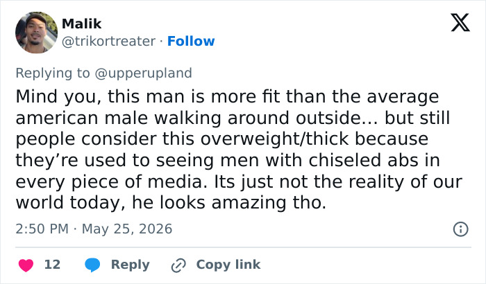 Tweet discussing realistic body standards and praising Homer Gere's fit body in Euphoria episode Tweet discussing realistic body standards and praising Homer Gere's fit body in Euphoria episode