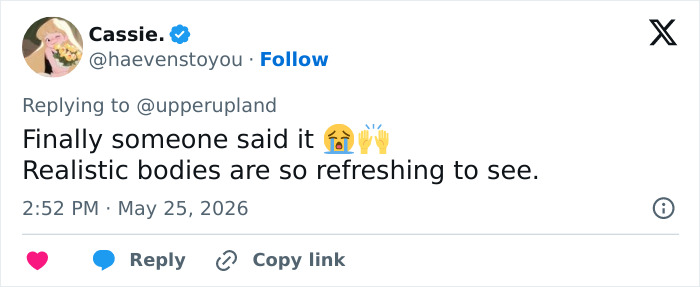 Tweet praises realistic bodies as refreshing to see Tweet praises realistic bodies as refreshing to see