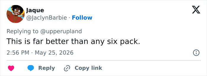 Tweet praising realistic body over six pack from social media user Tweet praising realistic body over six pack from social media user