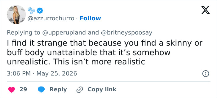 Tweet questioning realistic portrayal of skinny or buff bodies Tweet questioning realistic portrayal of skinny or buff bodies