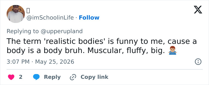 Tweet commenting on term realistic bodies including muscular to fluffy types Tweet commenting on term realistic bodies including muscular to fluffy types
