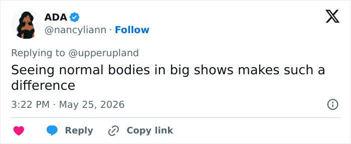 Tweet appreciating normal bodies in big shows from social media user Tweet appreciating normal bodies in big shows from social media user