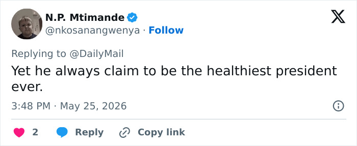 Tweet about claims of being the healthiest president ever Tweet about claims of being the healthiest president ever