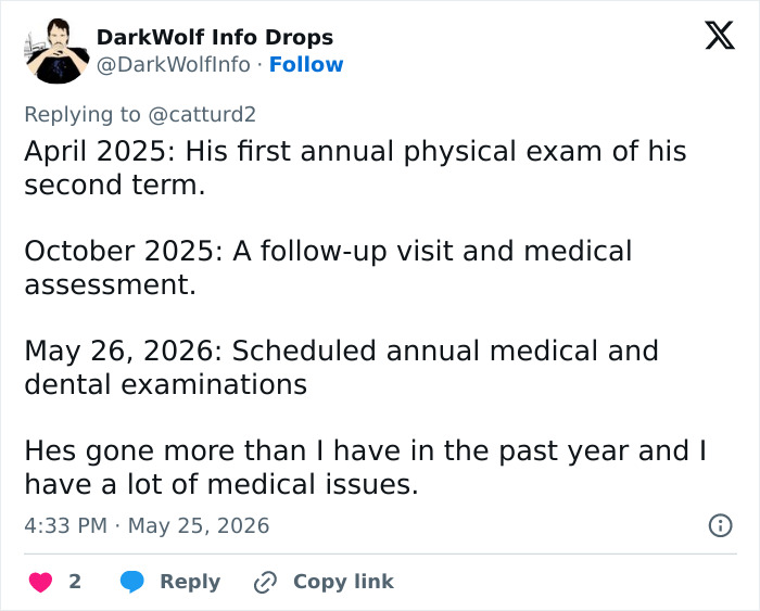 Tweet detailing President Trump's medical exams and assessments in 2025 and 2026 Tweet detailing President Trump's medical exams and assessments in 2025 and 2026