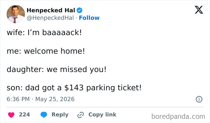 Relatable parenting tweet about family greetings and a $143 parking ticket