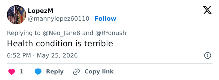 Tweet stating health condition is terrible mentioning President Trump hospital return Tweet stating health condition is terrible mentioning President Trump hospital return