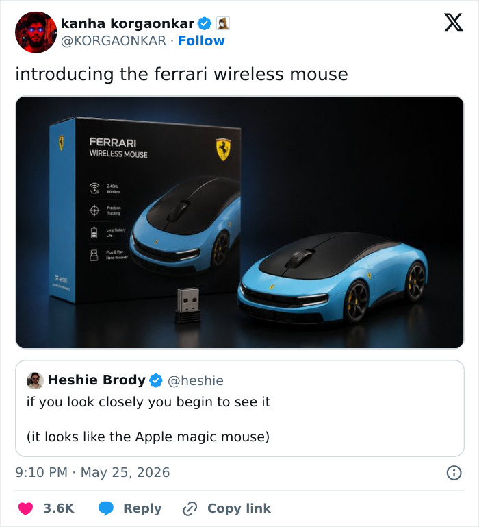 Blue Ferrari wireless mouse shaped like the Ferrari electric car