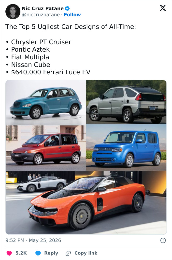 Collage of the top five ugliest car designs including Ferrari Luce EV