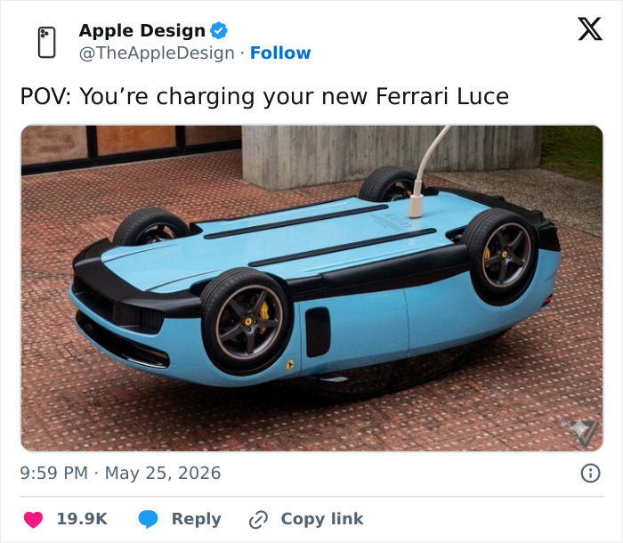 Meme showing upside-down Ferrari Luce electric car plugged for charging