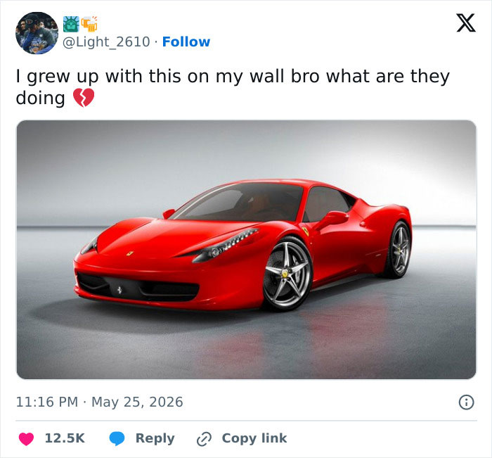 Classic red Ferrari sports car admired online amidst electric model memes