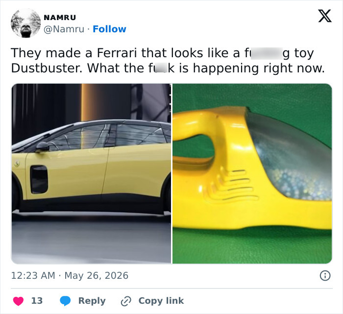 Side view of Ferrari electric car and yellow handheld vacuum cleaner comparison