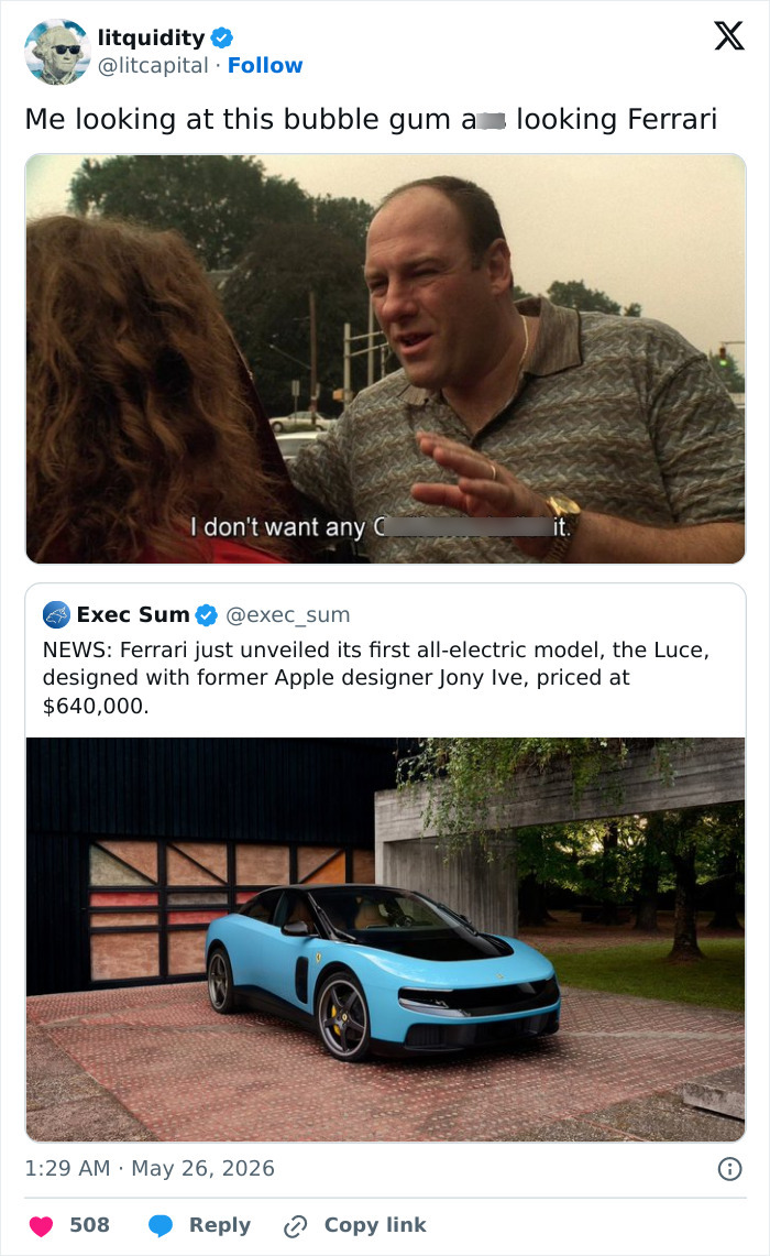 Man gesturing with caption about disliking bubble gum colored Ferrari electric car
