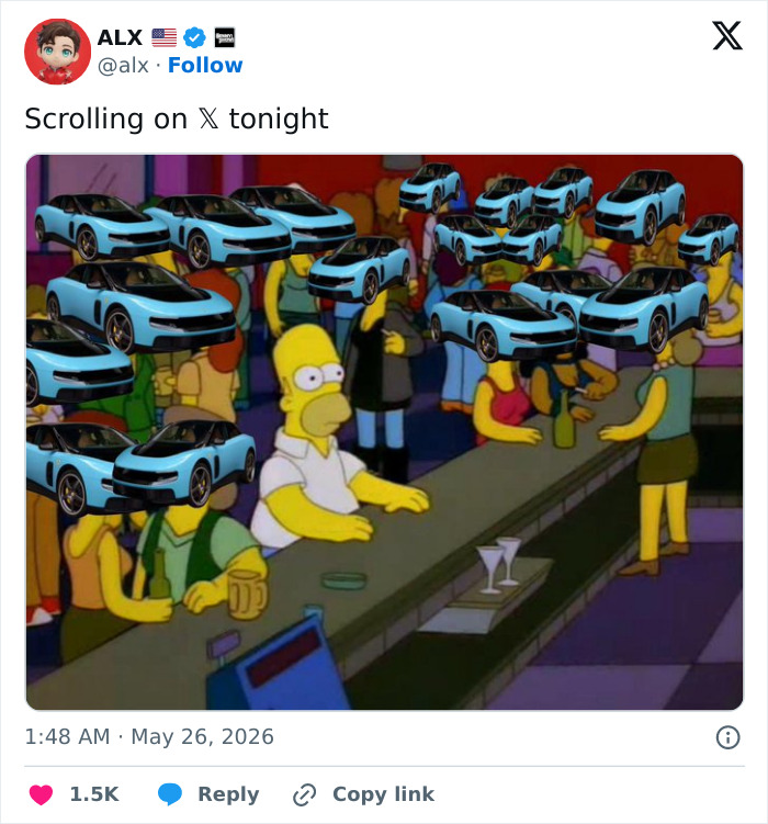 Meme with multiple electric Ferrari cars edited over cartoon characters