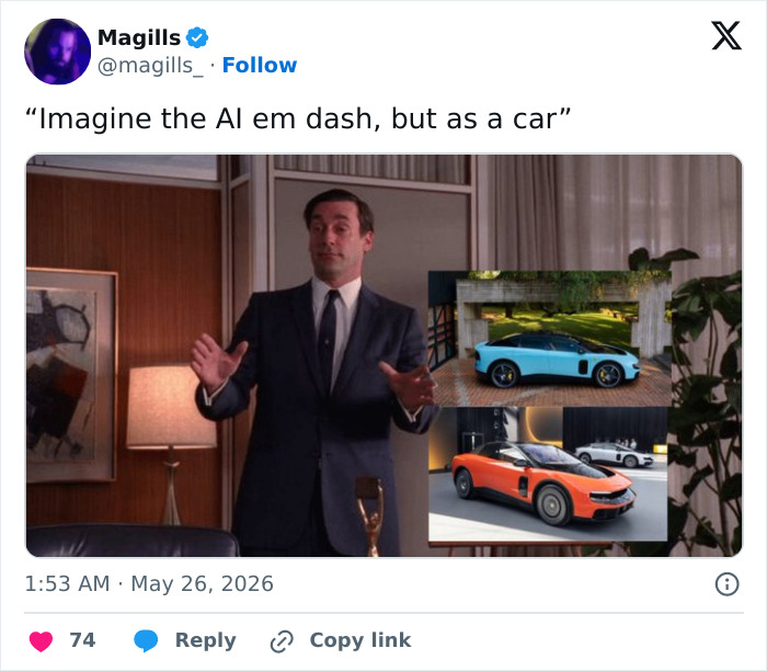 Man presenting AI electric car designs mocking Ferrari fully electric car