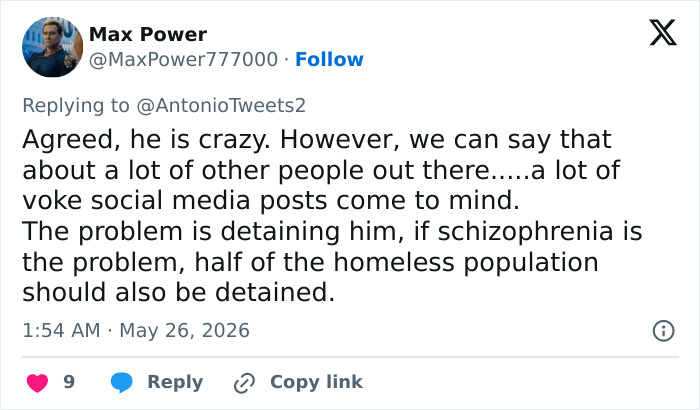 Tweet discussing detaining schizophrenics in medical kidnapping debate