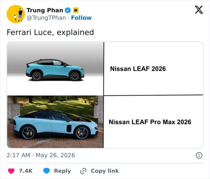 Meme comparing Ferrari Luce electric car to Nissan LEAF electric car