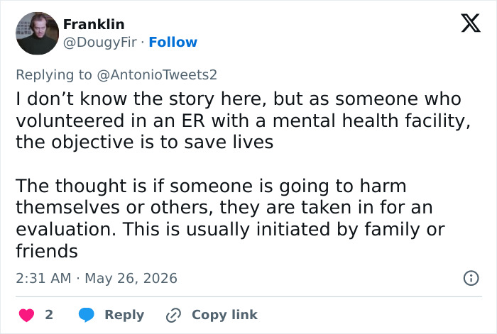 Tweet discussing mental health facility and evaluation to save lives in medical detention case