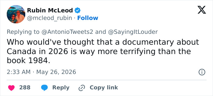 Tweet comparing Canada documentary to 1984 as more terrifying in medical kidnapping context