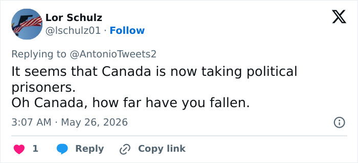 Tweet stating Canada is now taking political prisoners in the medical kidnapping case