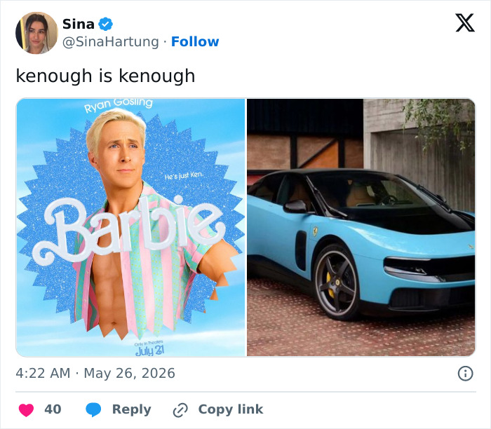 Ferrari electric car meme comparing it to Ken from Barbie movie