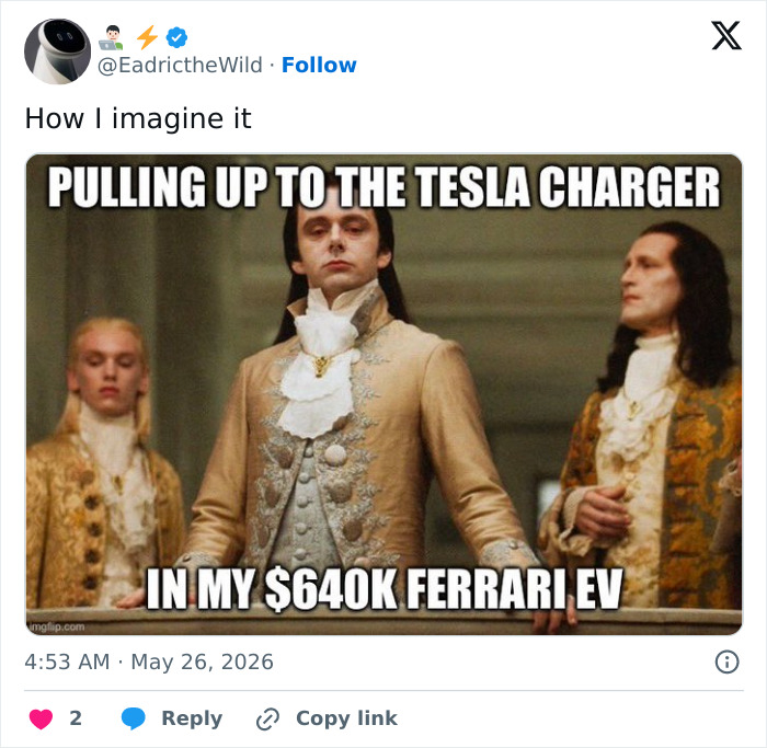 Historical figures meme about Tesla charger and $640K Ferrari EV